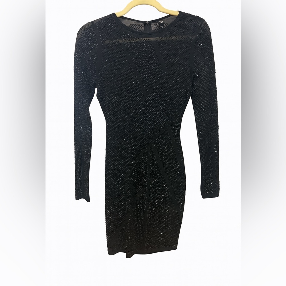 Windsor Black Rhinestone Bodycon Mini Dress Long Sleeve Sparkle Party Dress